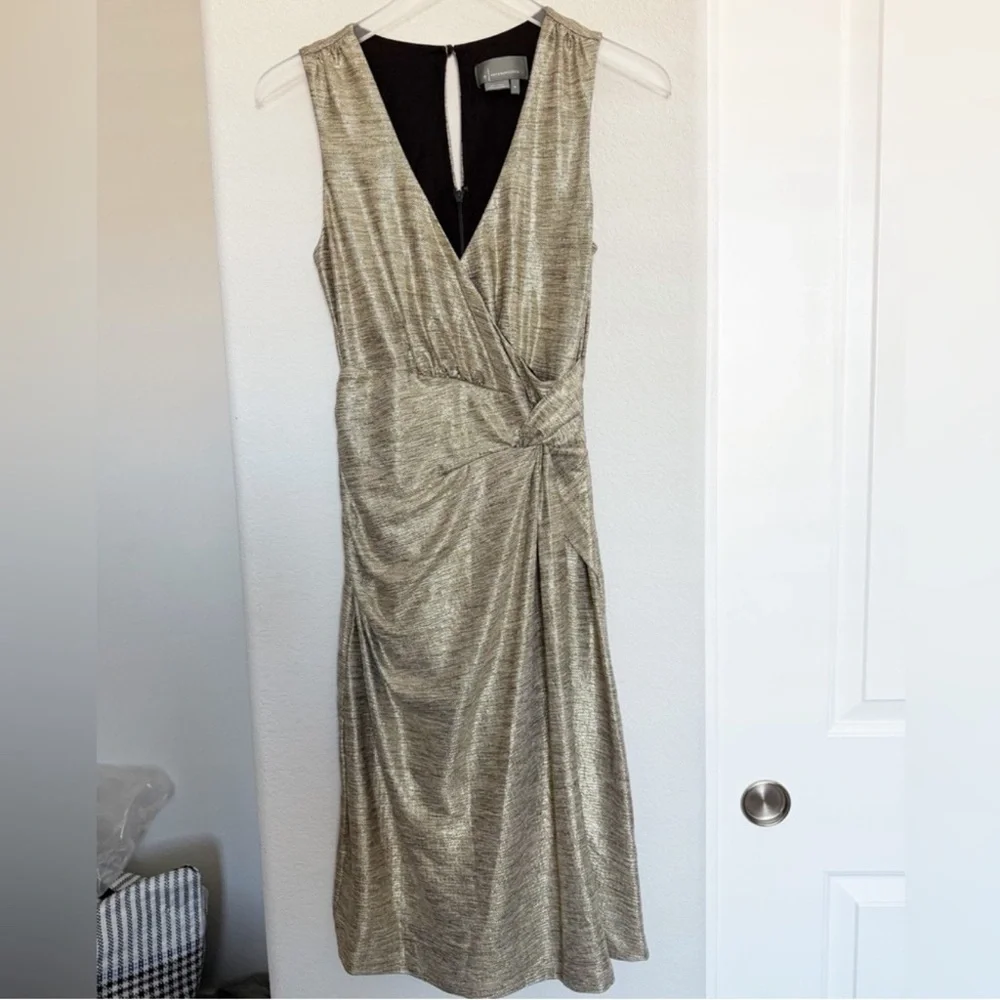 Anthropologie Gold Metallic Faux Wrap Side Ruched Dress - Picture 2 of 8